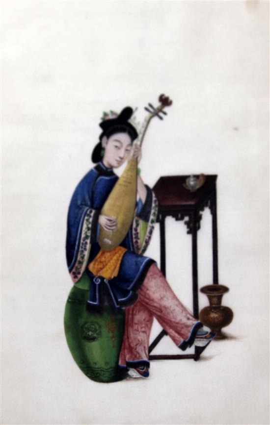 A pair of Chinese pith paintings of musicians, 19th century, 30.5cm x 20cm